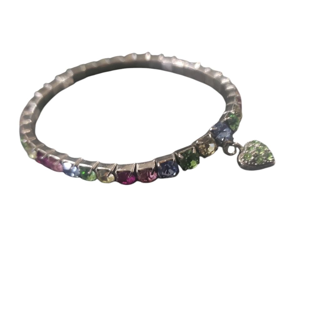 SILVER STRETCH GREEN HEART CHARM  BRACELET COLORFUL GLASS INSETS